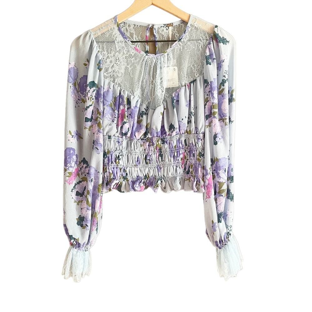 Free People Daphne Light Blue Floral Boho Cropped Blouse Small NWT